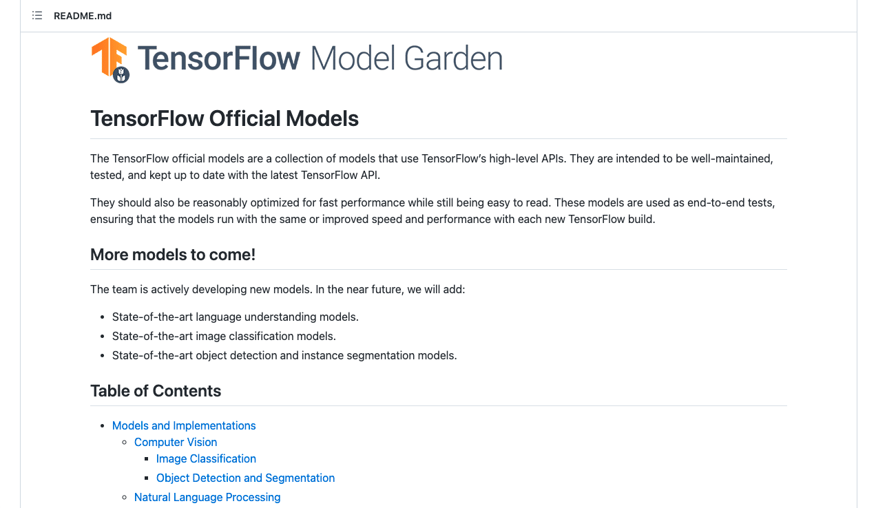a screenshot of tensorflow model garden